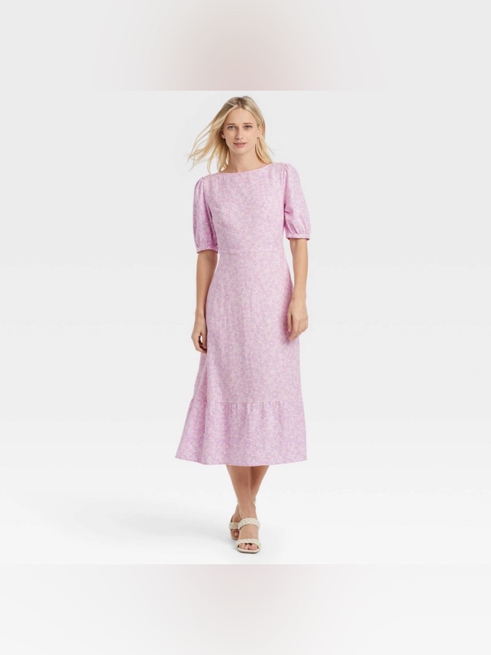 Women's Bishop Elbow Sleeve Tie-Back Dress - Who What Wear, Purple Floral,